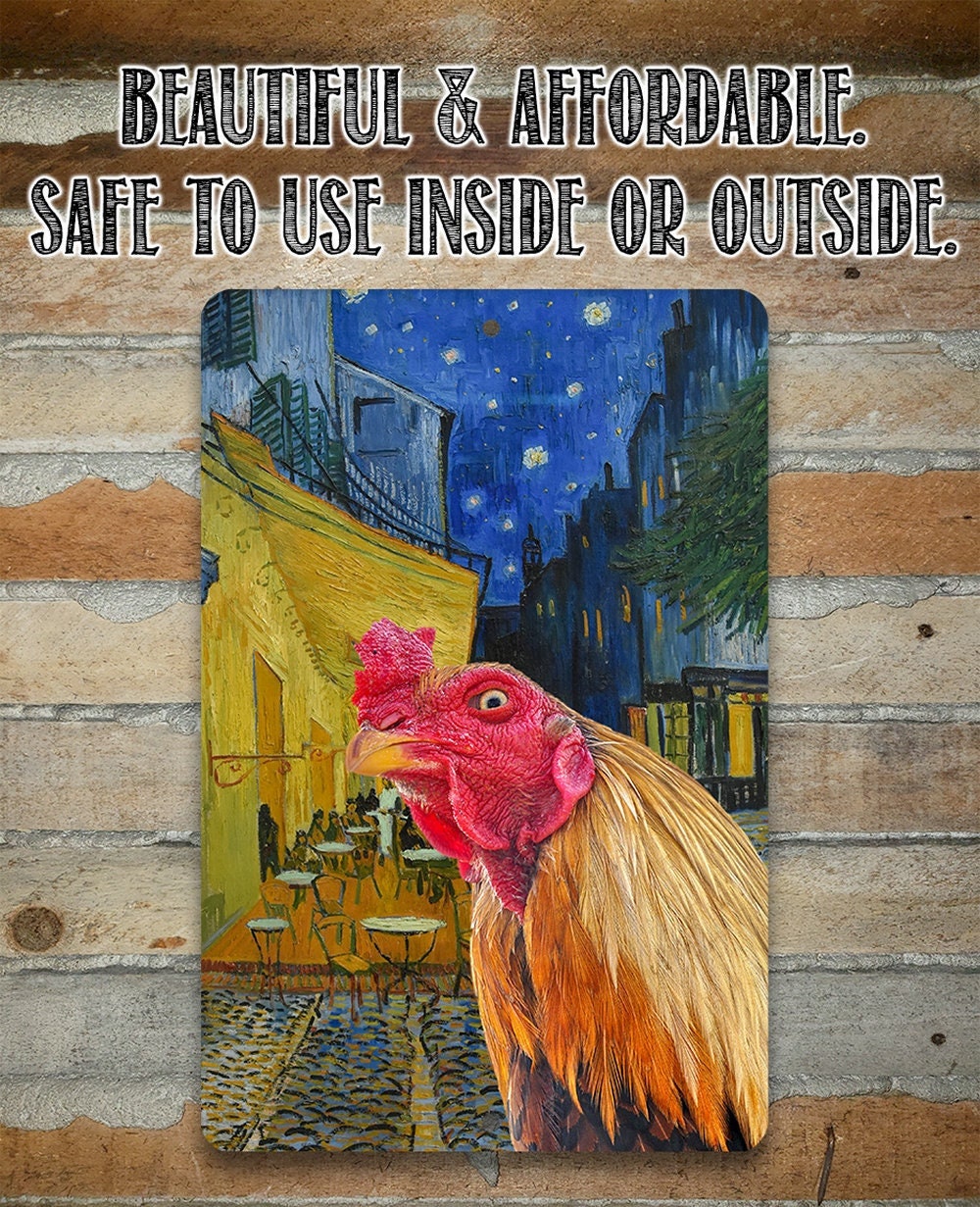 Café Terrace at Night Painting – Interrupted by Rooster – 8″ x 12″ or 12″ x 18″ Aluminum Tin Awesome Metal Poster