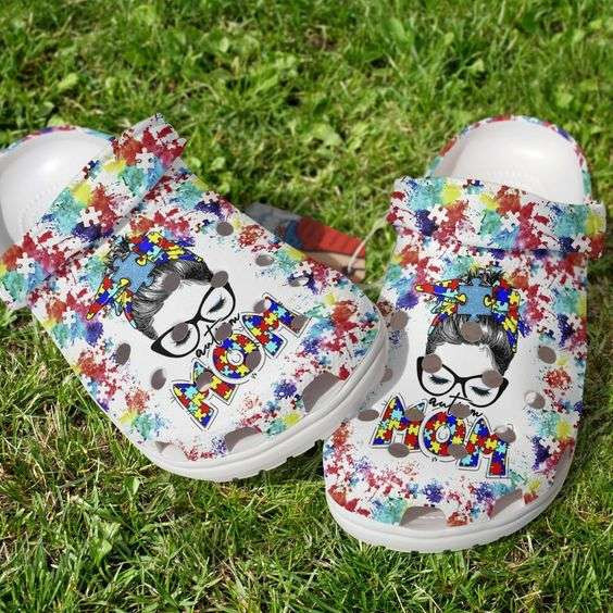 Autism Awareness Day Autism Mom Messy Bun Puzzle Pieces Paint Color Crocband Clog Shoes