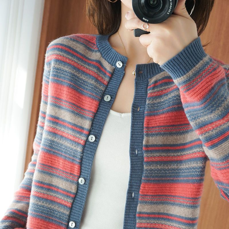 Women’s Striped Knitted Single-breasted Round Neck Cardigan Casual Autumn Winter New Loose All-match Long Sleeve Sweaters Coat alx