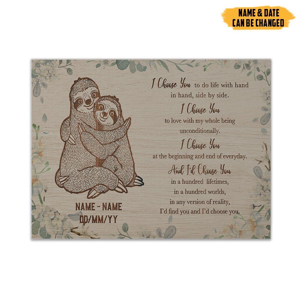 Flowermoonz 3D I Choose You Sloth Couple Custom Text Canvas