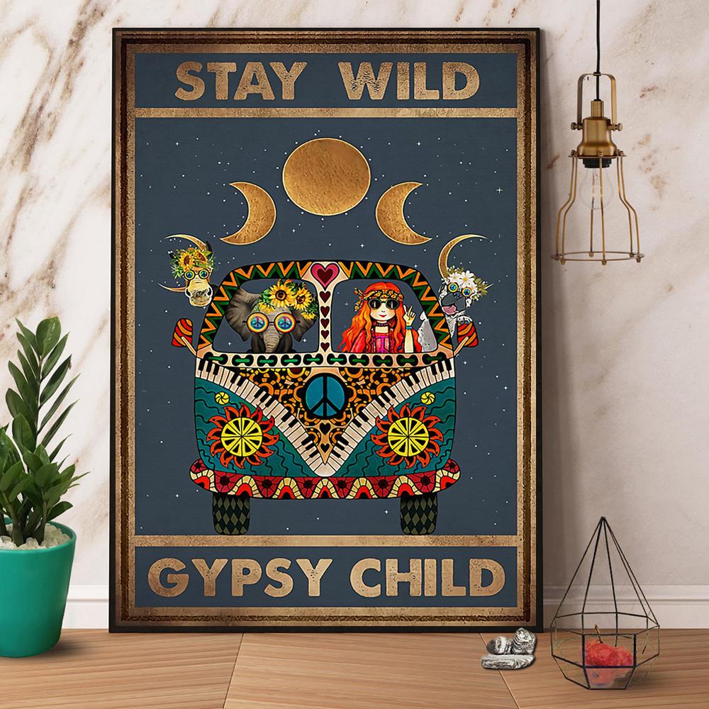 Hippie Car Girl & Elephant Stay Wild Gypsy Child Paper Canvas Prints Poster Wall Art Decor