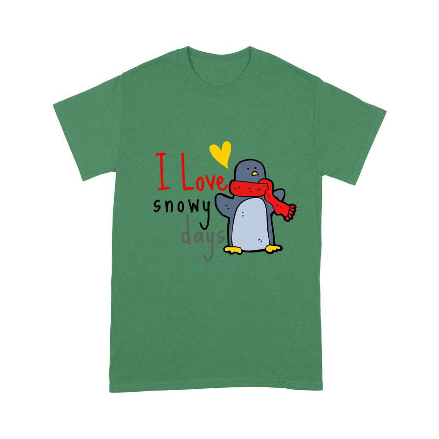 Christmas Gift Blue Penguin With Red Craft And Yellow Heart I Love Snowy Days – Standard T-shirt