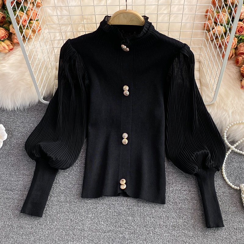 Vintage Half Turtleneck Sweater Chiffon Stitching Long Ruffles Sleeve Single Breasted New Fall Knitted Cultivate Ruffles Base alx