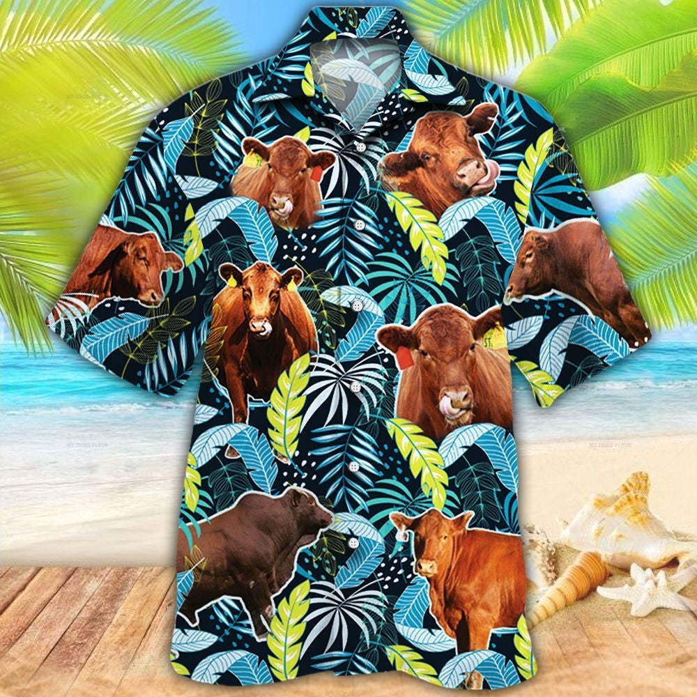 Red Angus Cattle Lovers Jungle Leaves Hawaii Shirt Ha61512