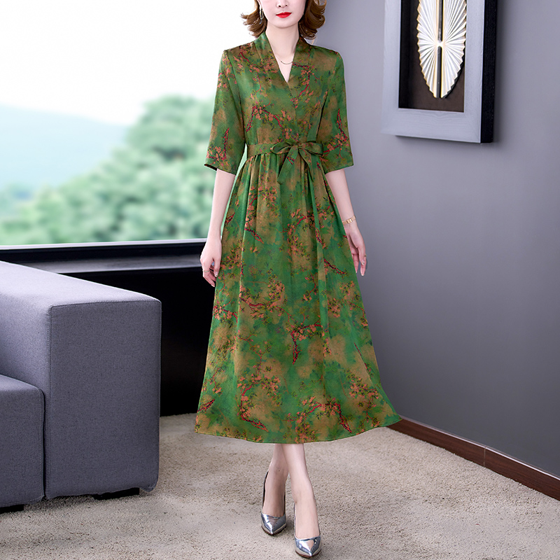 Women Korean Vintage Casual Maxi Dress 2022 Floral Natural Silk Satin Elegant Bodycon Dress Summer New Short Sleeve Sexy Dress alx