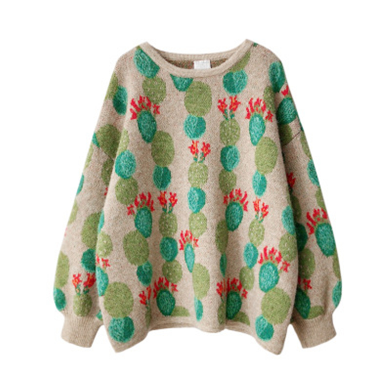 Woman Winter Retro Sweater Loose Green Pullover Knitted Gentle Sweet Outerwear Top Soft Comfortable O-Neck Puff Sleeve Sweater alx