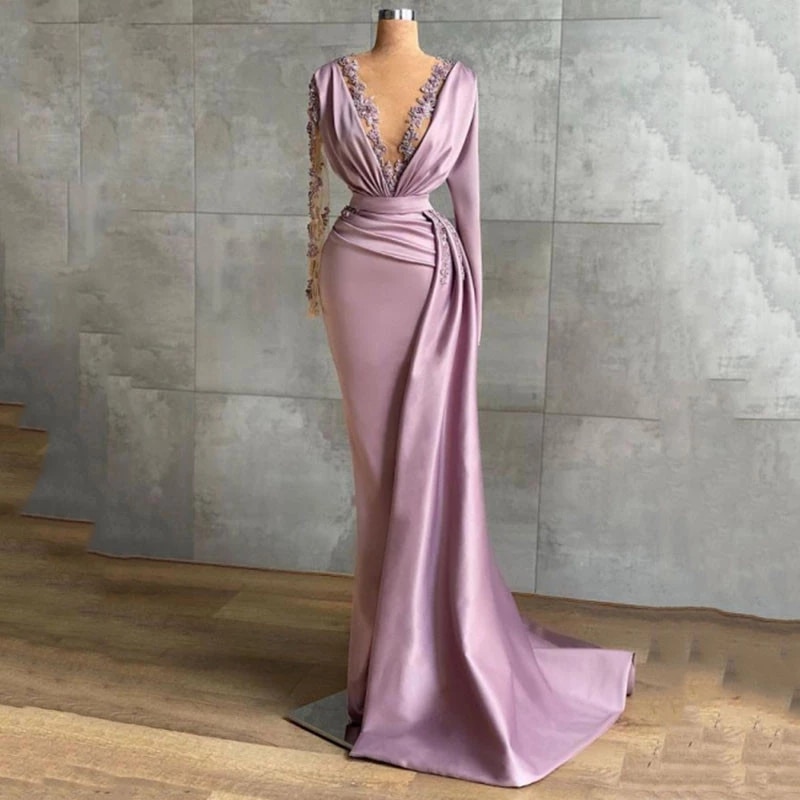 BridalAffair Luxury Purple Mermaid Prom Dress V Neck Appliques Lace Long Sleeves Party Evening Gowns Vestidos De Festa alx