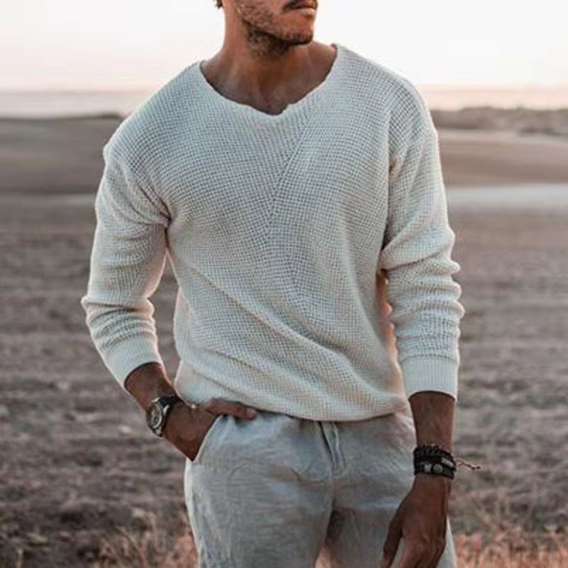 Spring Autumn Men Sweater Streetwear Long Sleeve Solid Breathable V Neck Stretchy Male Knitted Pullover Sweater Oversize Tops alx