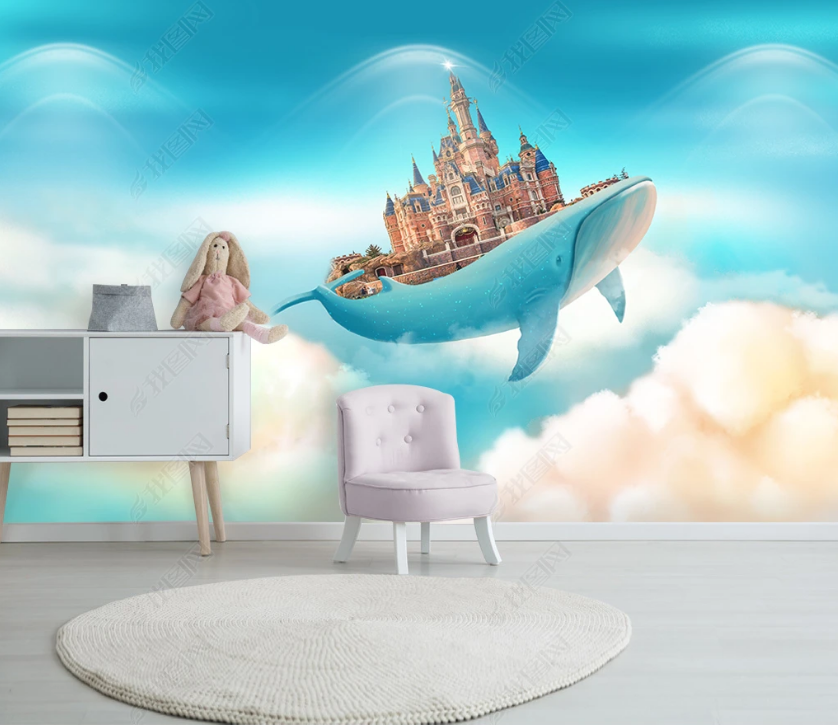 3D Hand-Painted Whale Castle Flying Wall Mural Wallpaper Sww3198