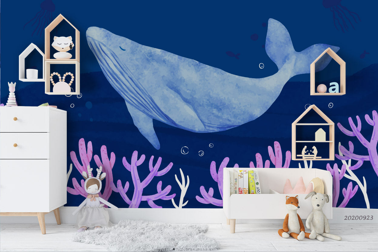 3D Watercolor Ocean World Whale Wall Mural Wallpaper Wj 3134