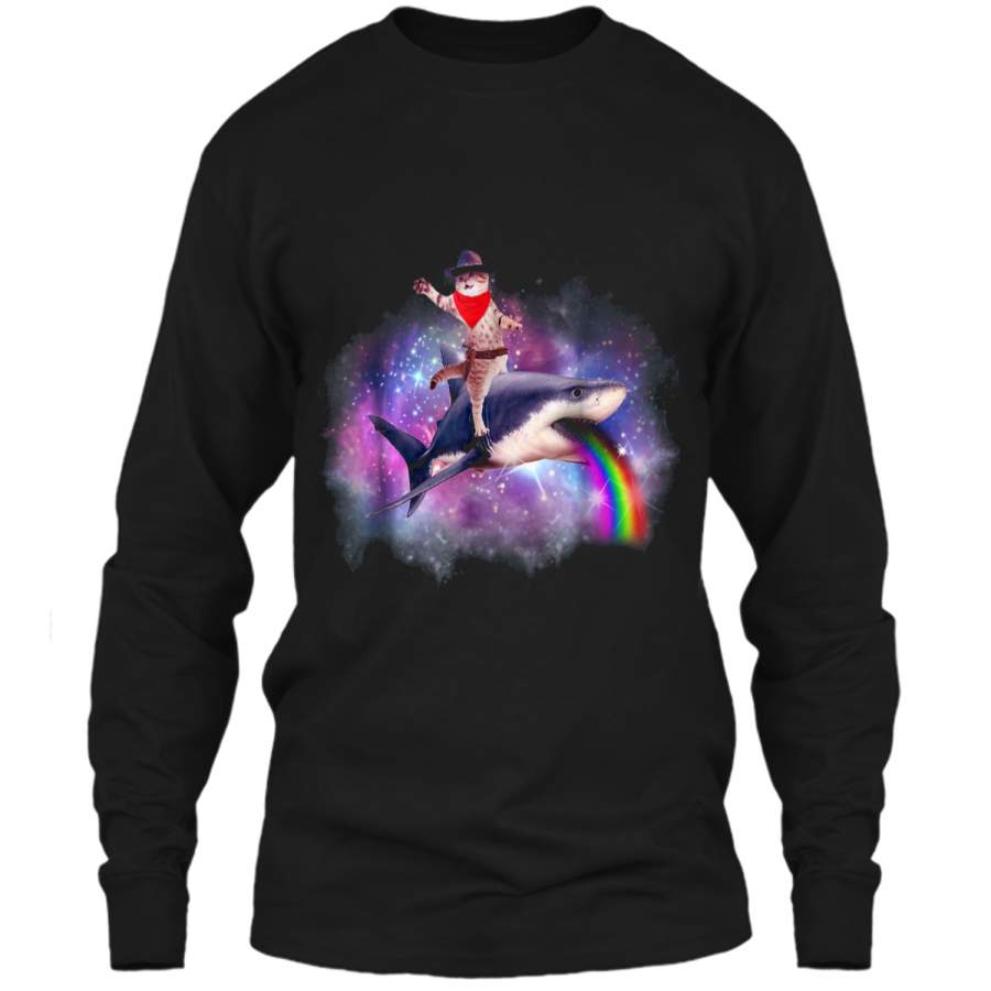 Cat Riding Shark  Space Galaxy Tee LS Ultra Cotton Tshirt