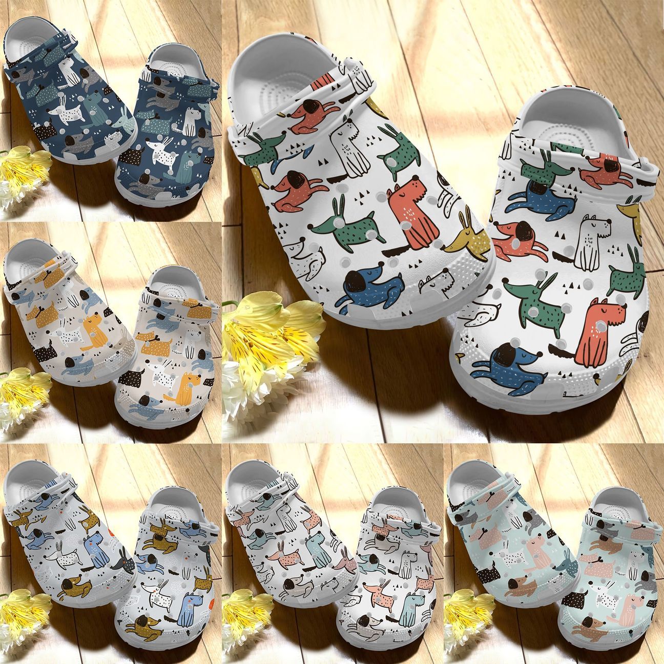 Dog Personalize Clog, Custom Name, Text, Fashion Style For Women, Men, Kid, Print 3D Whitesole Dog Pattern (6 Colors)