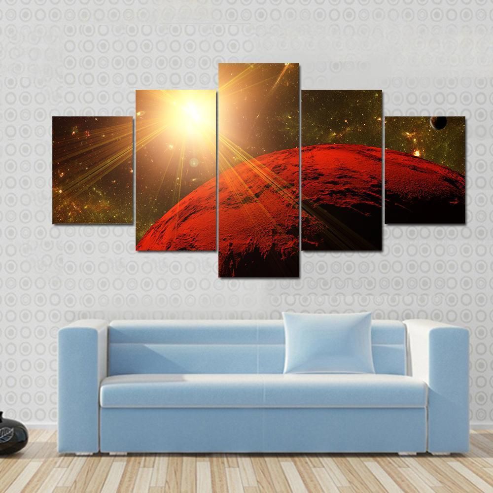 A View Of Planet, Moons And The Deep Space 5 Panel Canvas Art Wall Decor