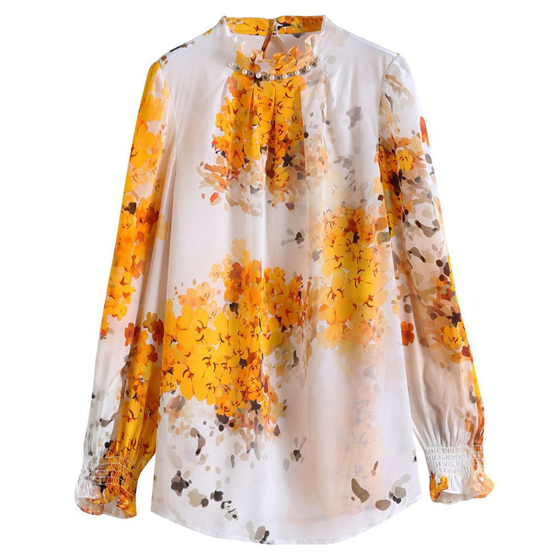 100% Pure Real Silk Women’s Shirt Spring Summer Elegant Beading Long Sleeve Shirts Blouses Female Floral Print Blouse Loose Tops alx