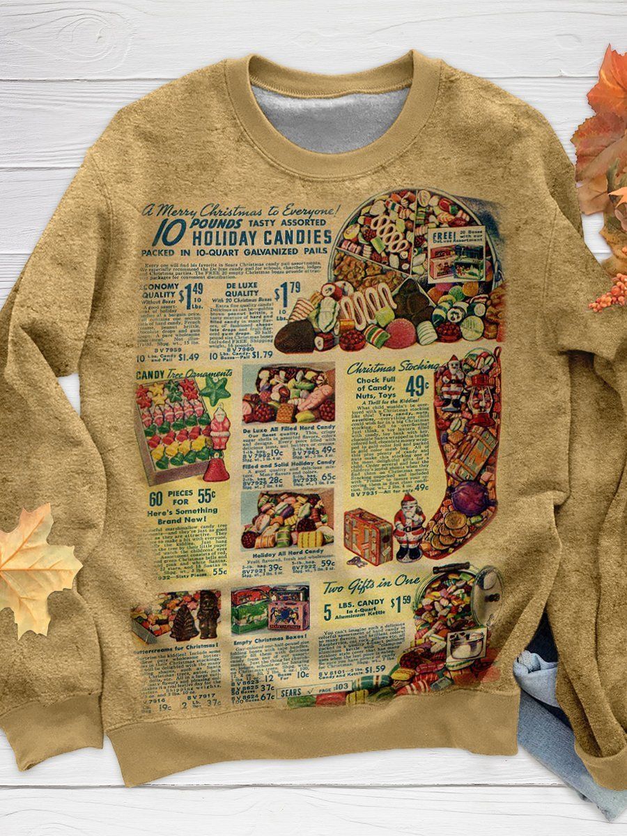 Christmas Hard Candy Old Paper Print Long Sleeve Sweatshirt