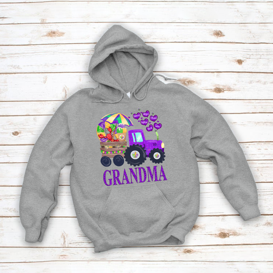 Personalized Grandma And Grandkids Hearts Tractor Gift Mardi Gras Hoodie