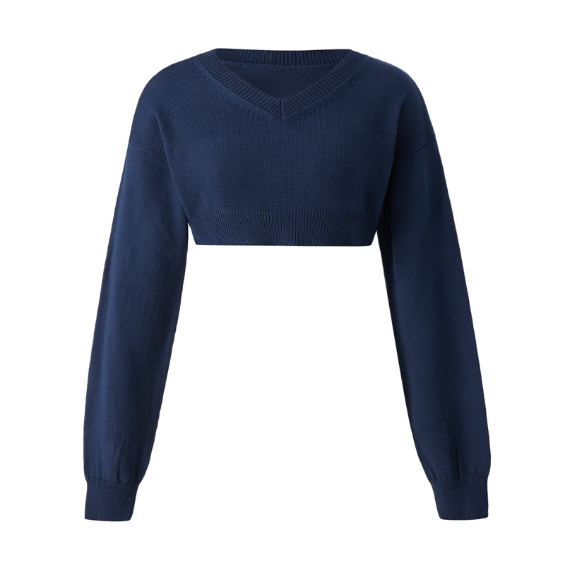 Women Knitted Cropped Sweater Long Lantern Sleeve V-Neck Solid Color Knitting Ribbed Basic Bottoming Crop Tops Female Fall Coat alx