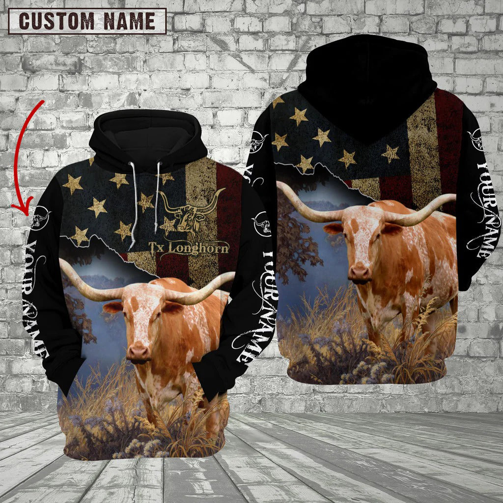 Personalized Name Texas Longhorn Cattle Us Flag All Over Printed 3D Hoodie Zip Up Hoodie