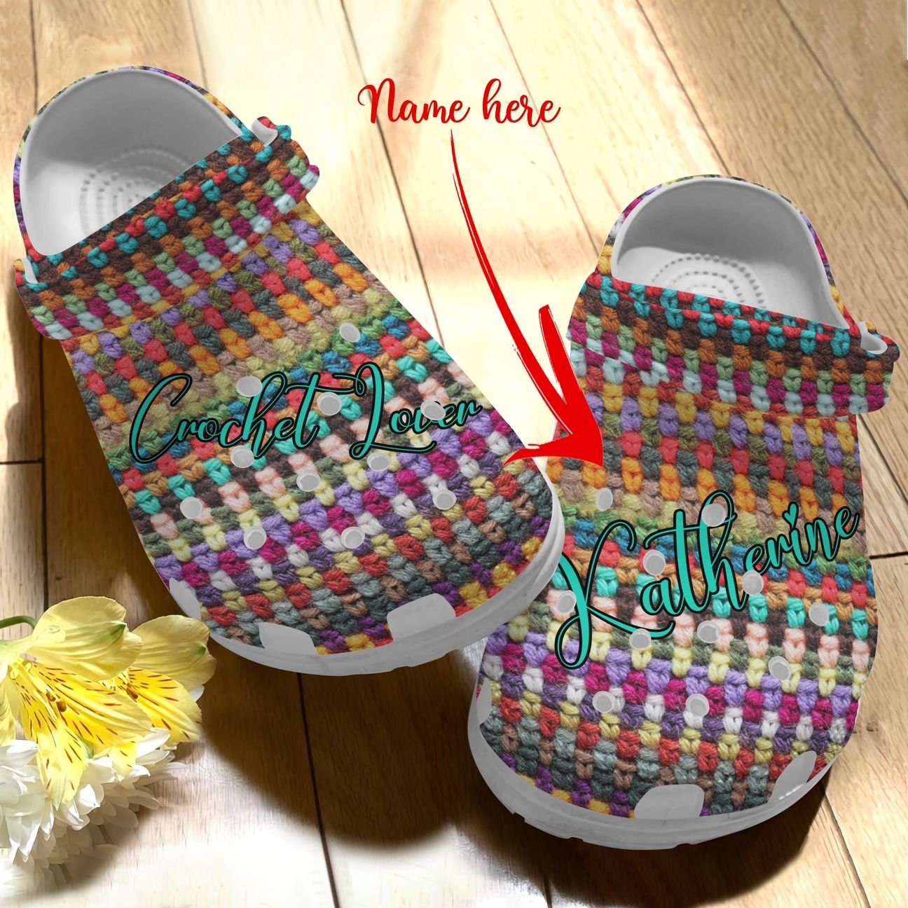 Crochet Personalized Personalize Clog, Custom Name, Text, Fashion Style For Women, Men, Kid, Print 3D Whitesole Stiches