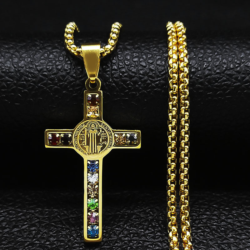 Catholic Jesus Cross Stainless Steel Necklace Saint Benedict Crystal Virgin Mary Pendant Crucifix Male Necklaces Jewelry cruz alx