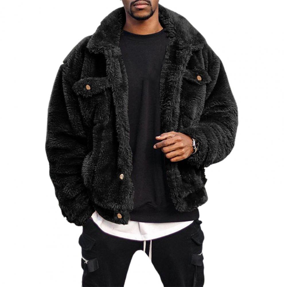 Winter Men Coat Solid Color Plush Fluffy Men Jacket Hip-hop Style Long Sleeve Men Coat Thick Pockets Men Outwear For Daily Wear alx