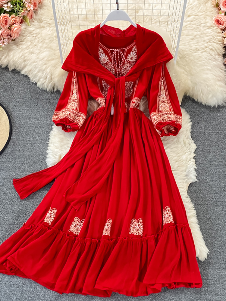 Bohemian White/Yellow/Red Embroidered Dress Women Scarf Collar Puff Long Sleeve Elegant High Waist Vestidos 2021 Female Robe New alx