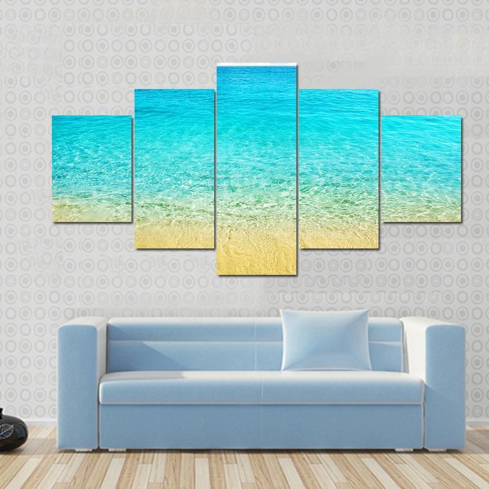 Summer Beach With Clear Water And Blue Cloudy Sky Nature 5 Panel Canvas Art Wall Decor