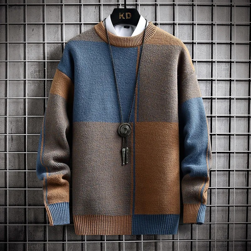 2022 New Winter Warm Sweater Men Half Turtleneck Pullover Street Patchwork Sweaters Mens Autumn Casual Loose Knitted Tops alx