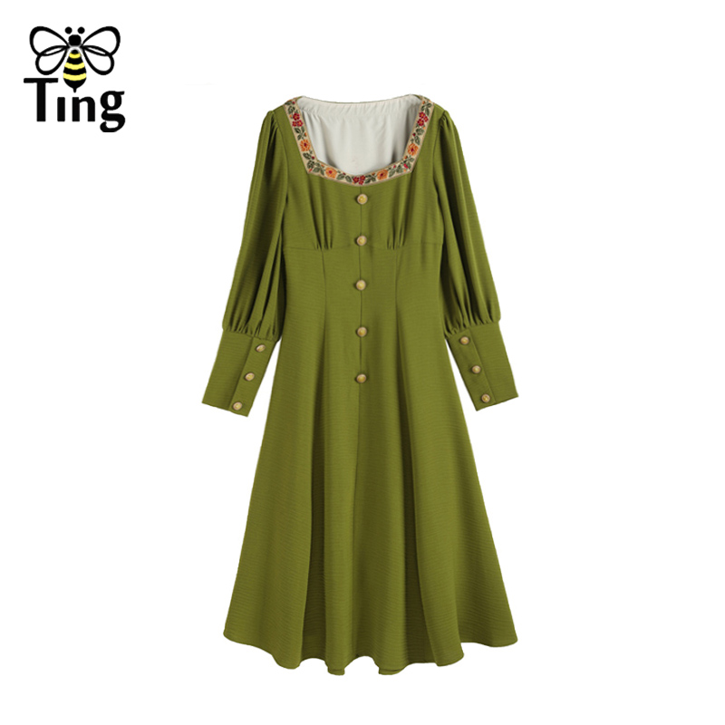 Tingfly Vintage Elegant Women Midi A Line Dress Flower Emboridery Button Decor Lady Soft Girl Casual Tea Length Dress Vestitis D alx