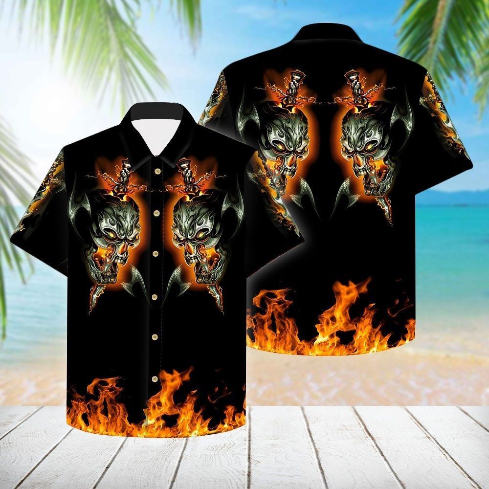 Check Out This Awesome All Over Skull Fire Swords Hawaii Shirt Ha9981