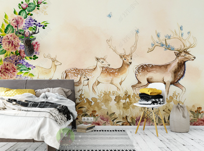 3D Hand Drawn Floral Animal Elk Wall Mural Wallpaper Lqh 214