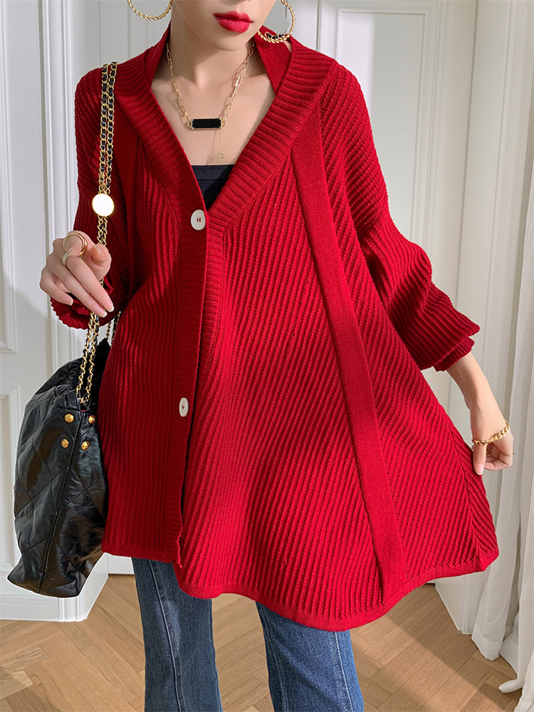 [EAM] Camel Big Size Knitting Cardigan Sweater Loose Fit V-Neck Long Sleeve Women New Fashion Tide Autumn Winter 2022 1DF0449 alx