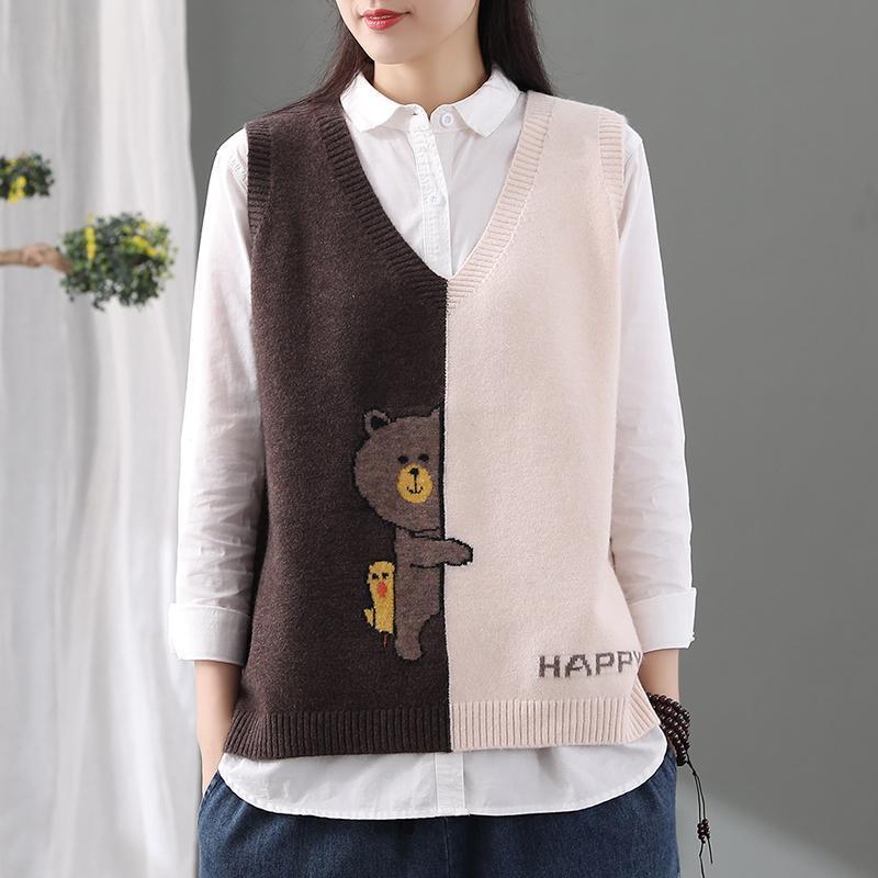 Spring And Autumn Women’s New Style Retro Bear Color Matching Knitted Vest Ladies Loose Outside V-neck Casual Sweater Top alx