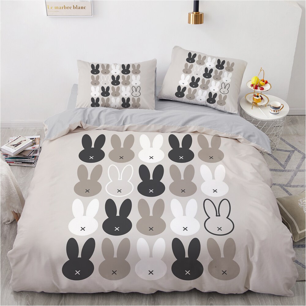 3D Cartoon Cute Rabbit Linens Bed Gray Cover Set Full Double King Size Bedding Set Soft Bedroom Decoration Duvet Covers