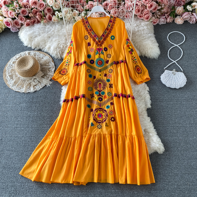 Vintage Chic Women Floral Embroidery Beach Bohemian Mini Dress Ladies Short Sleeve V-neck Cotton and Linen Boho Dresses Vestido alx