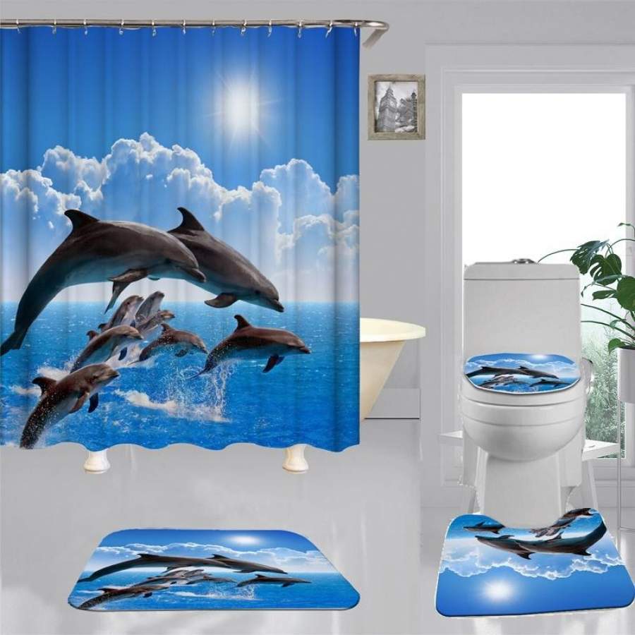 Dolphin Shower Curtain Bath Mat Toilet Cover Rug Bathroom Decor Set