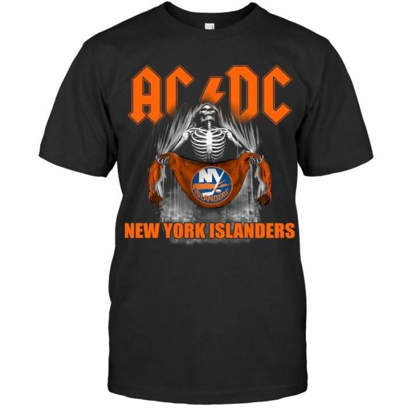 Ac dc skeleton holds New york Islanders flag t shirt – gearpenguin.com