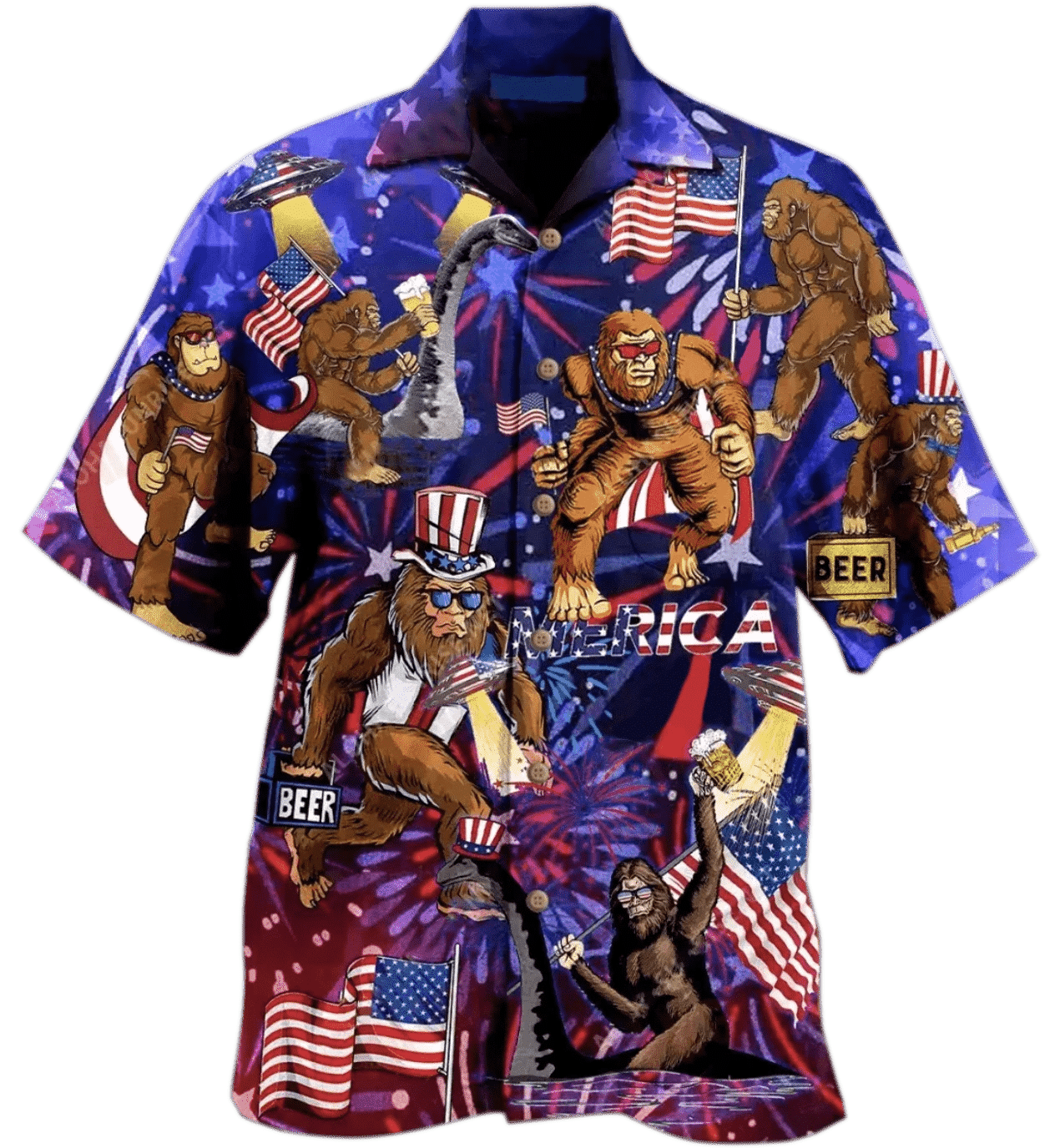 Bigfoot God Bless America Liberty Cheering Beer Hawaii Aloha Shirts Dh Ha66807