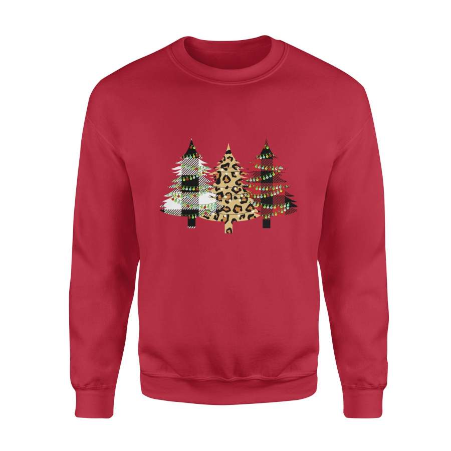 Buffalo Plaid Red White Leopard Christmas Tree Xmas Fleece Sweatshirt