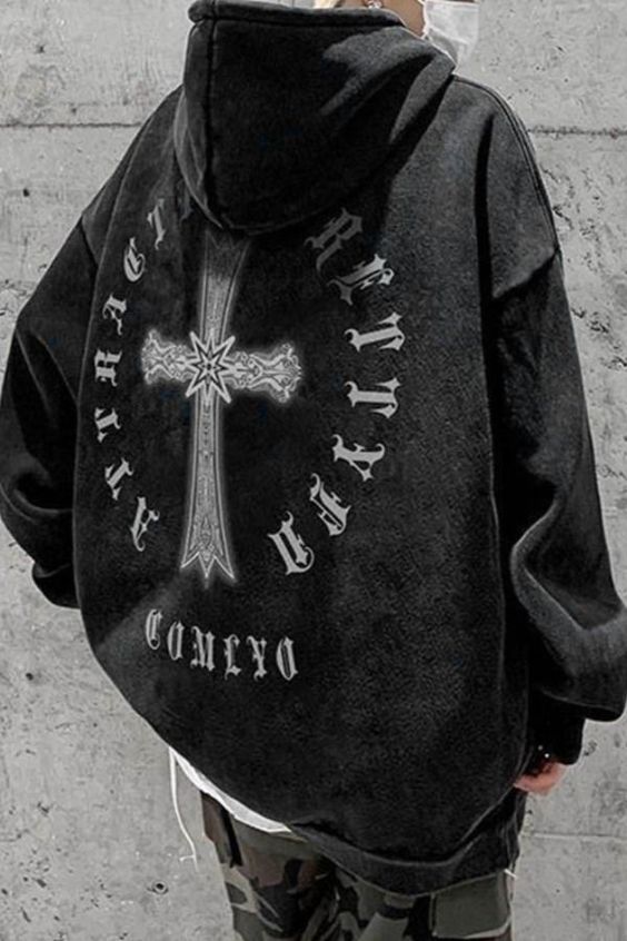 Washed Gothic Black Pullover Hoodie outfit  For Men  For Women