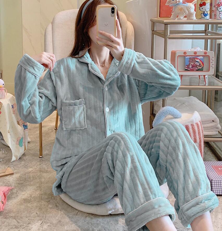 Autumn Winter Flannel Warm Pajamas Set Women Long Sleeve Home Suit Sleepwear Long Velvet Thicken Pyjamas Sets alx