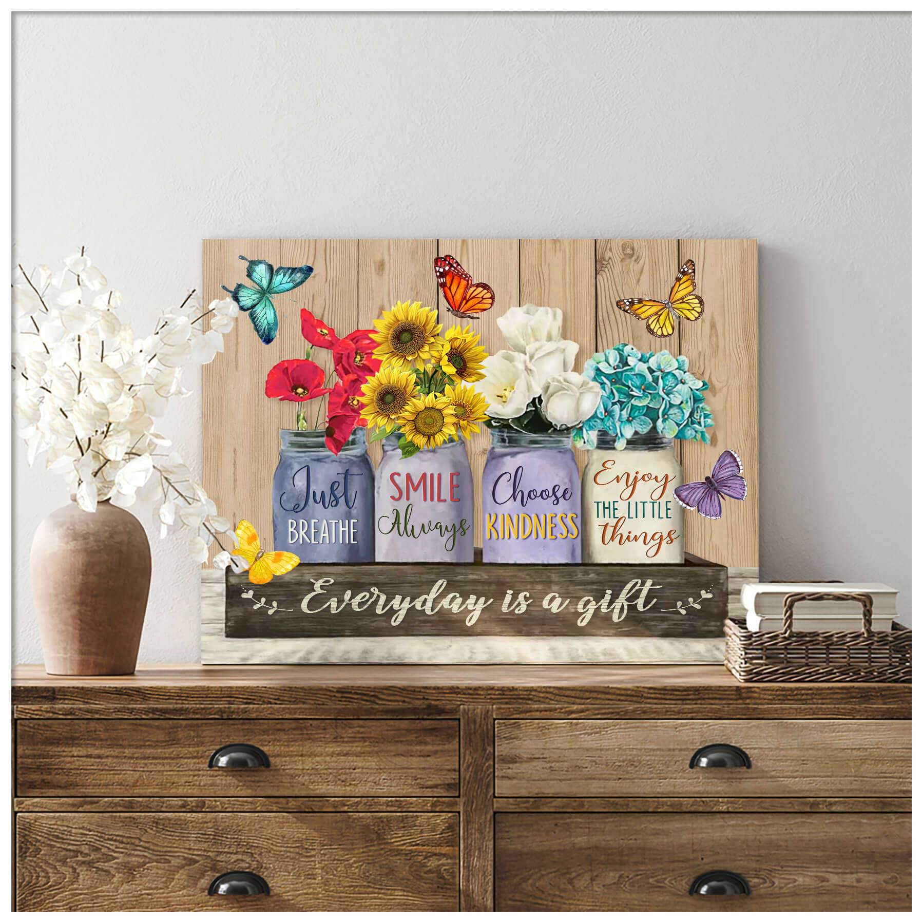 Vintage Wood Everyday Is A Gift Flower Mason Jars And Butterflies Farm Farmhouse Canvas Poster Print, Canvas Wall Decor