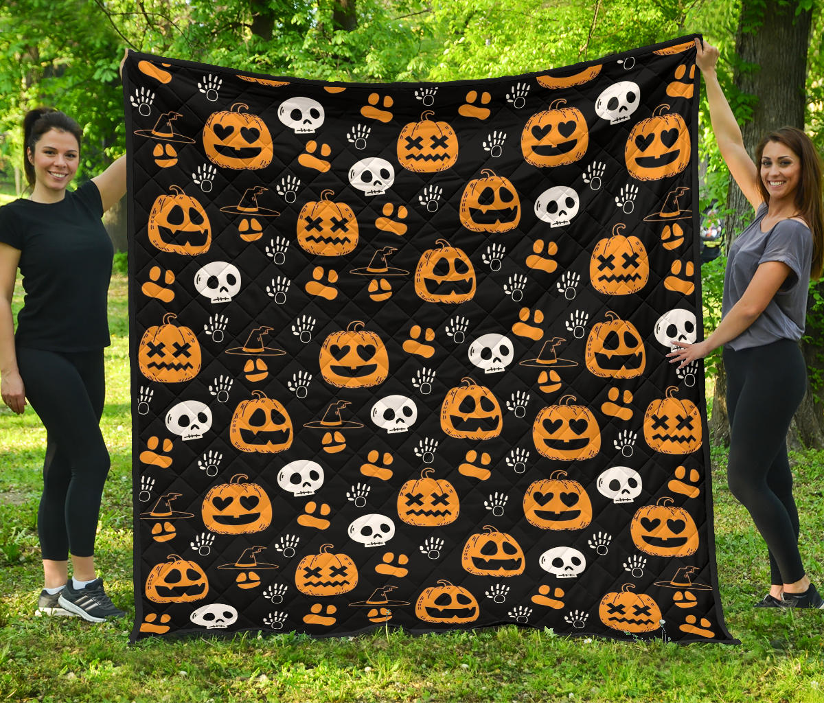 Halloween Premium Quilt | Symbols Pumpkin Emotions Skull Witch Hat Quilt Blanket