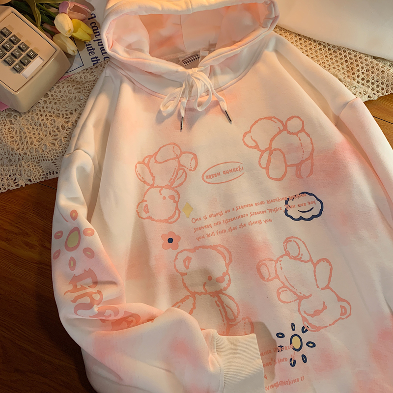 2021 Spring Autumn Pink Cute Bear Print Oversized Sweatshirt Hooded Harajuku Vintage Pullover Teen Clothing Tie Dye Hoodie Women alx