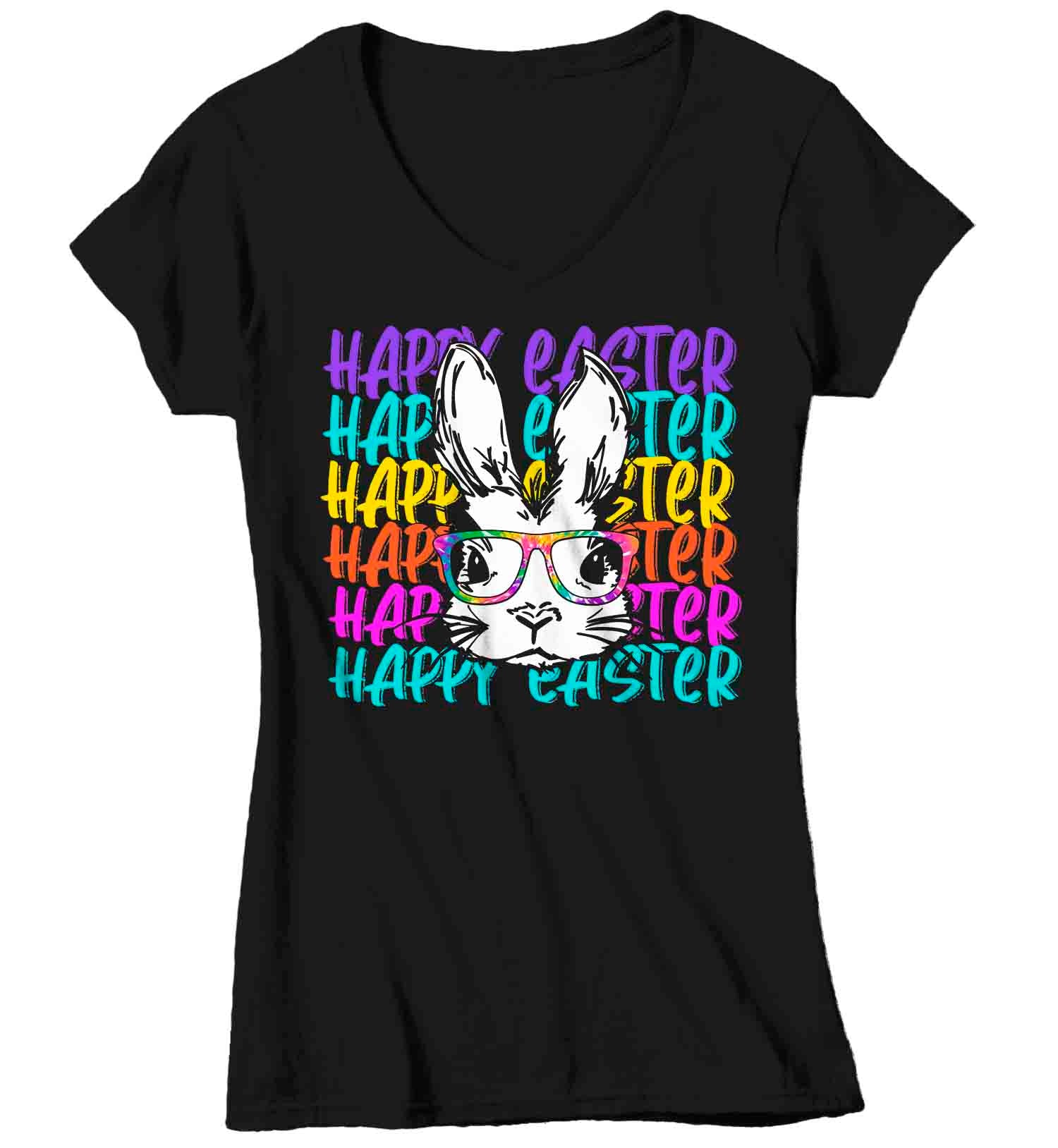 Women’S V-Neck Easter Shirt Happy Easter Bunny T Shirt Hipster Rabbit Glasses Cute Easter Tee Graphic Gift Idea Ladies V-Neck