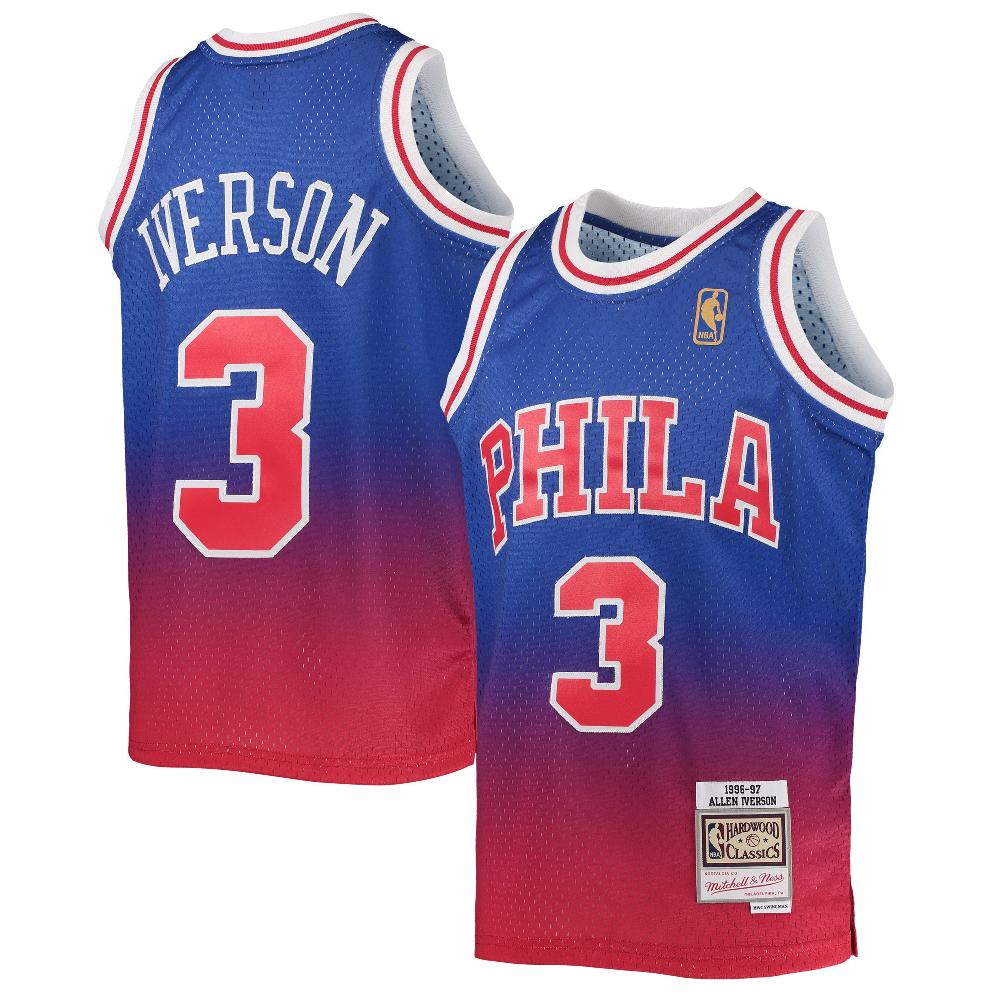 Allen Iverson Philadelphia 76ers Mitchell & Ness 1996/97 Hardwood Classics Fadeaway Swingman Player Jersey – Red/royal NBA