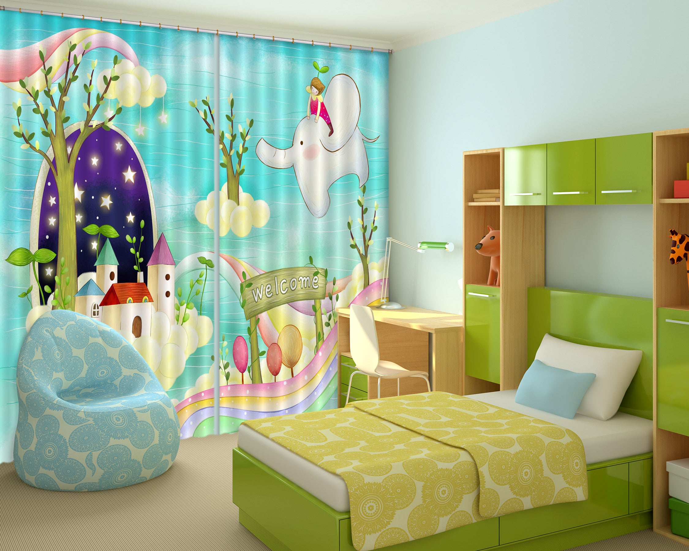 3D Cartoon House Trees Elephant Curtains And Drapes 04