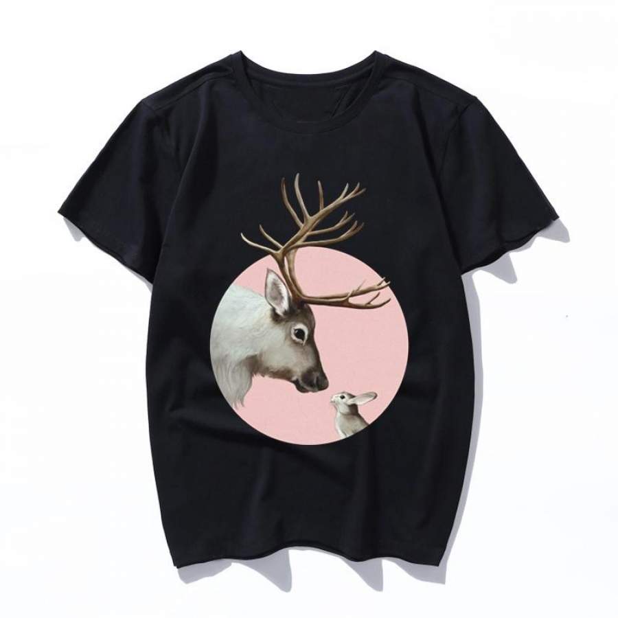 reindeer and rabbit T Shirt Womens T-Shirt Cotton Mens Tee Shirt Short Sleeve Big Graphic Cute Beach Tshirt Plus Size