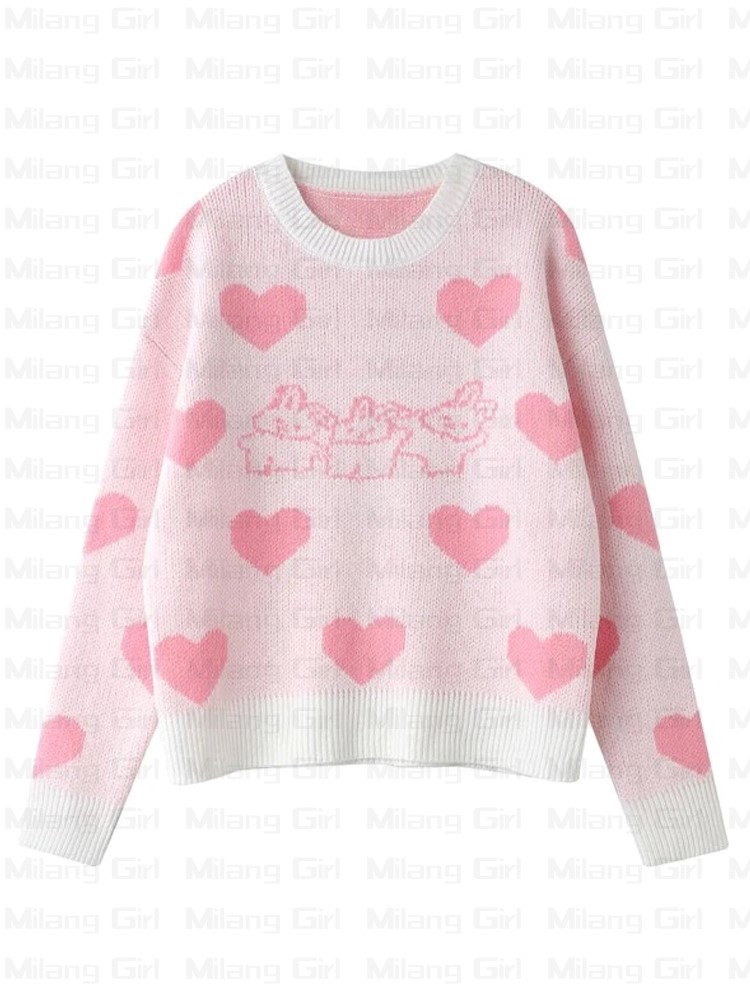 Pink Y2K Cartoon Bunny Sweater Women kawaii o-neck Knitwear Korean Vintage Pullover harajuku winter long sleeve Clothes alx