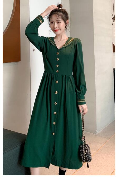 2020 Spring Fall Long Dresses Women Long Sleeve Cute Sweet V Neck Retro Vintage Button Shirt Dress Green 2715 alx